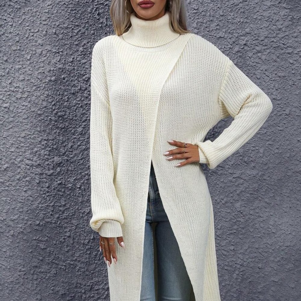 Apricot/Beige Turtleneck Wrap Hem Sweater